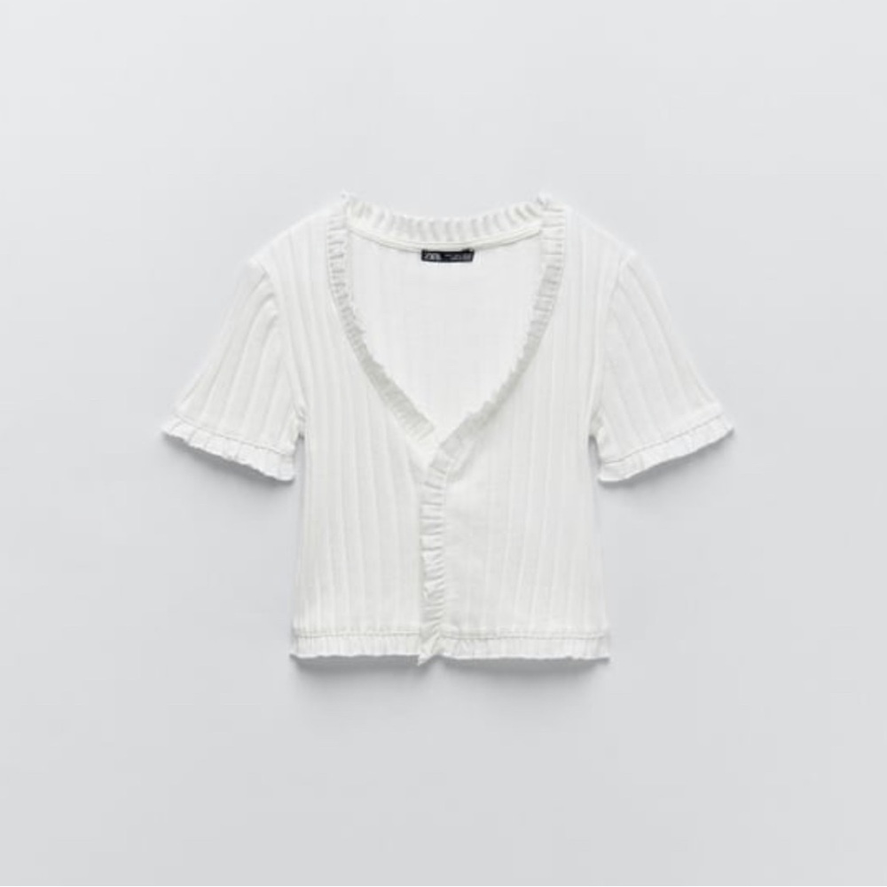 Zara White Ribbed Top with Ruffle Detail